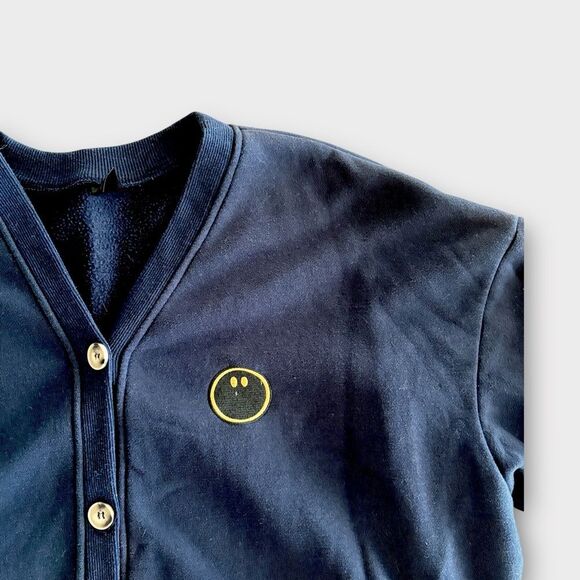 Minimalist Navy Smiley Button-Up Cardigan | Street Style Layer | Cozy Oversized - Picture 3 of 6